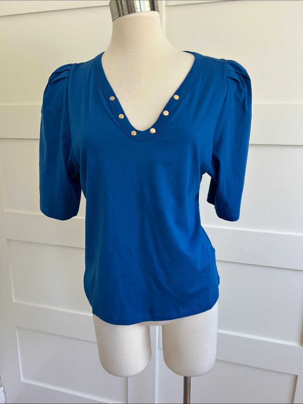 NATION LTD- Nahal Blue Puff-Sleeve V-Neck Top with Stud Detail - Picture 3 of 9